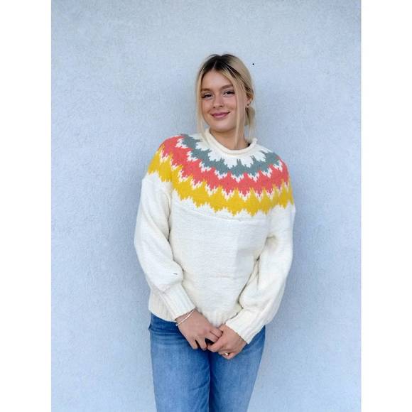 NEW CES FEMME mock neck long sleeve intarsia sweater in cream - Picture 1 of 3